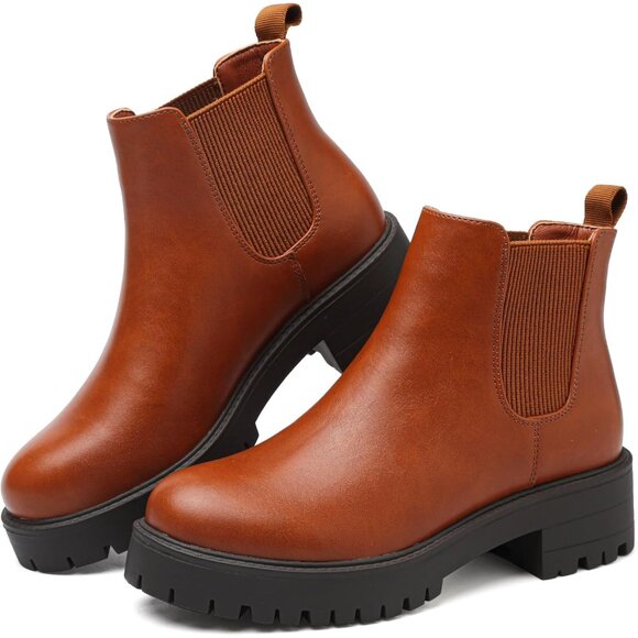 Girls Brown Pull-On Fall Chelsea Boots Water-Resistant PU Ankle Heel Boots - Picture 1 of 7